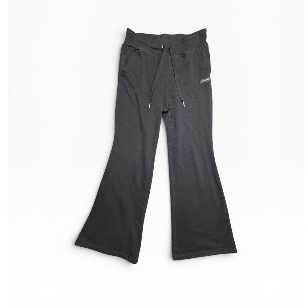 Calvin Klein Womens Black Wide Leg Flared Sweatpants Drawstring Fleece Joggers M